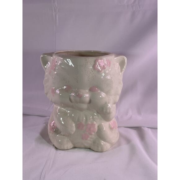 Vintage MCM Kitten Cat Ceramic Vase Planter Baby Floral Arrangement 7" White - Picture 1 of 11